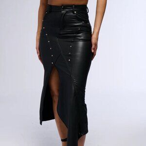 Akira Asymmetrical Faux Leather Midi Skirt